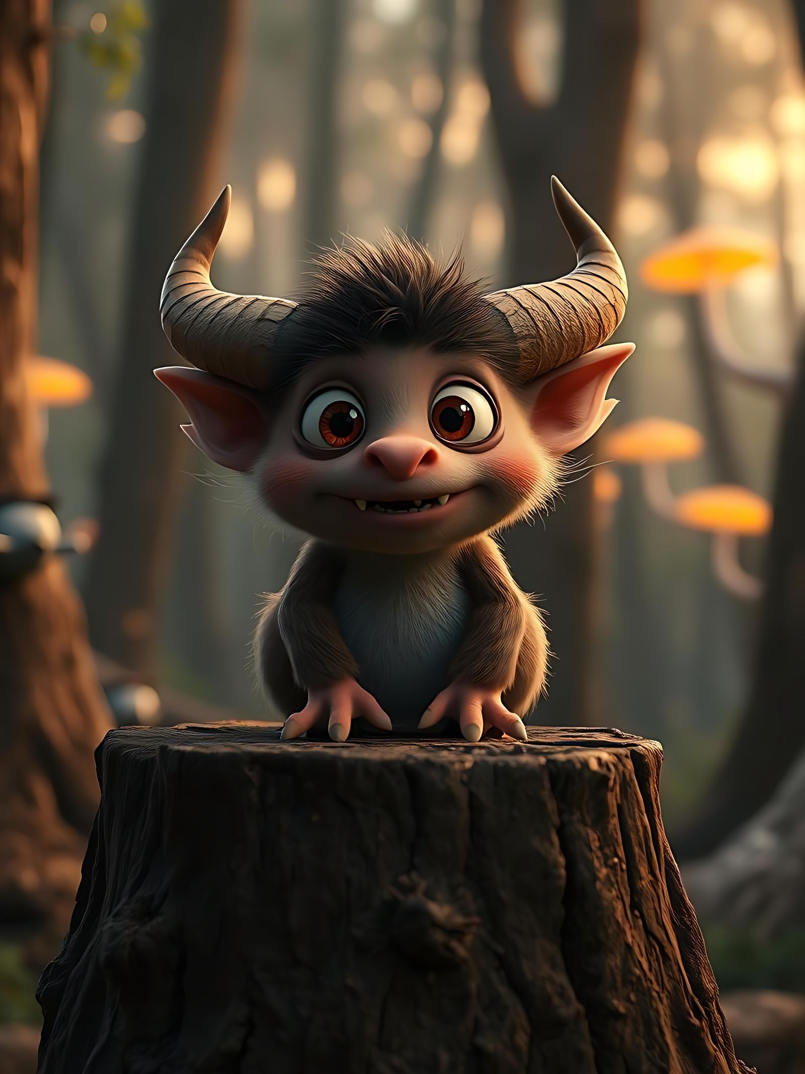 Cute Furry Monster in Misty Forest, Pixar Style