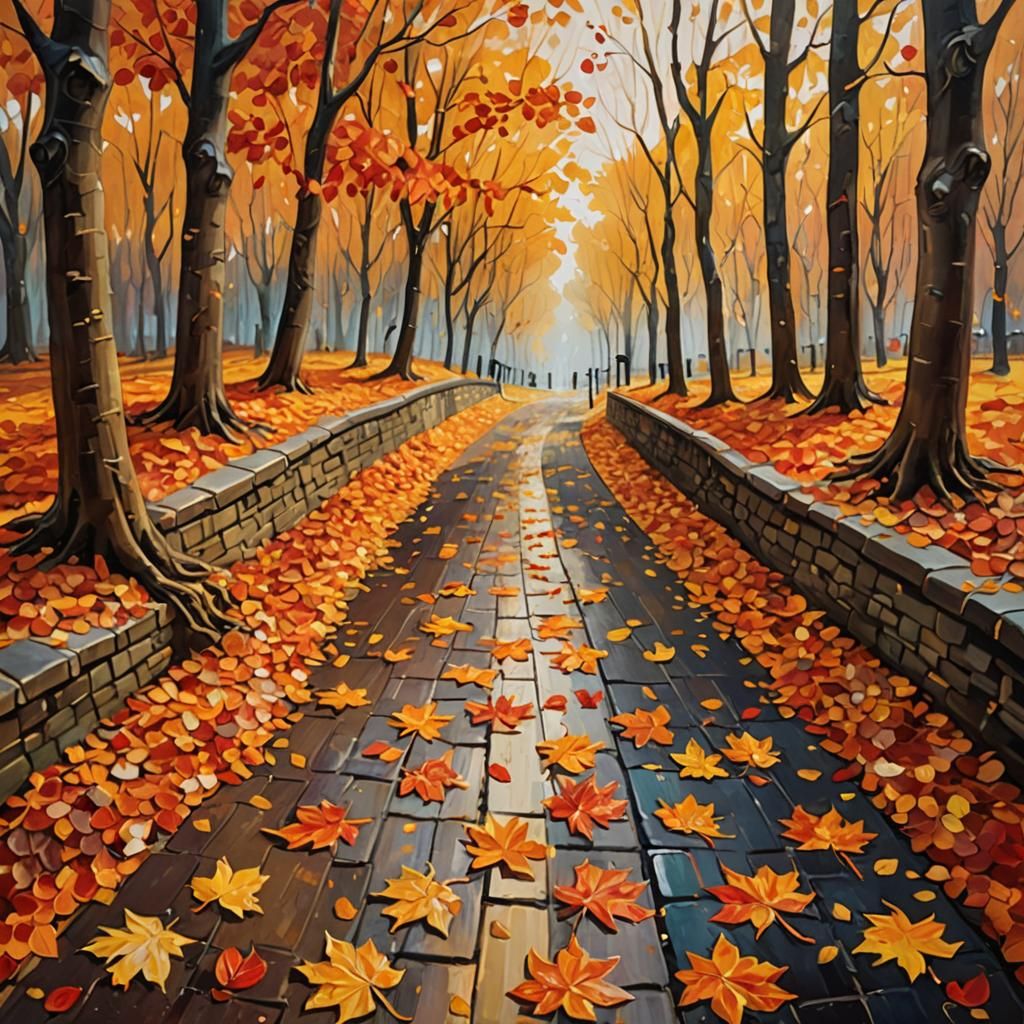 Autumnal Impressionism: Winding Path Through Vibrant Trees