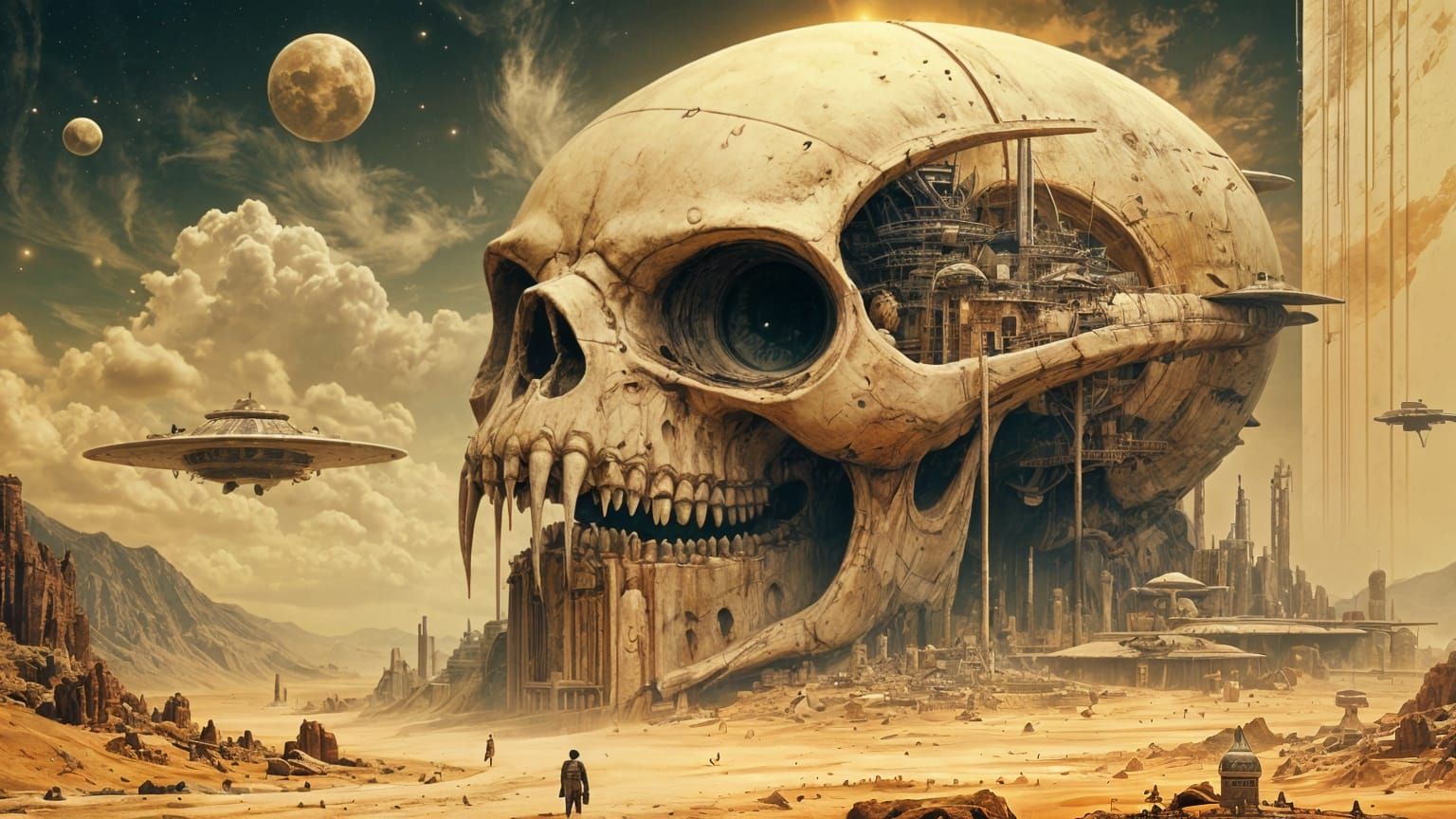 Alien City Built Inside Giant Skull on Desert Planet