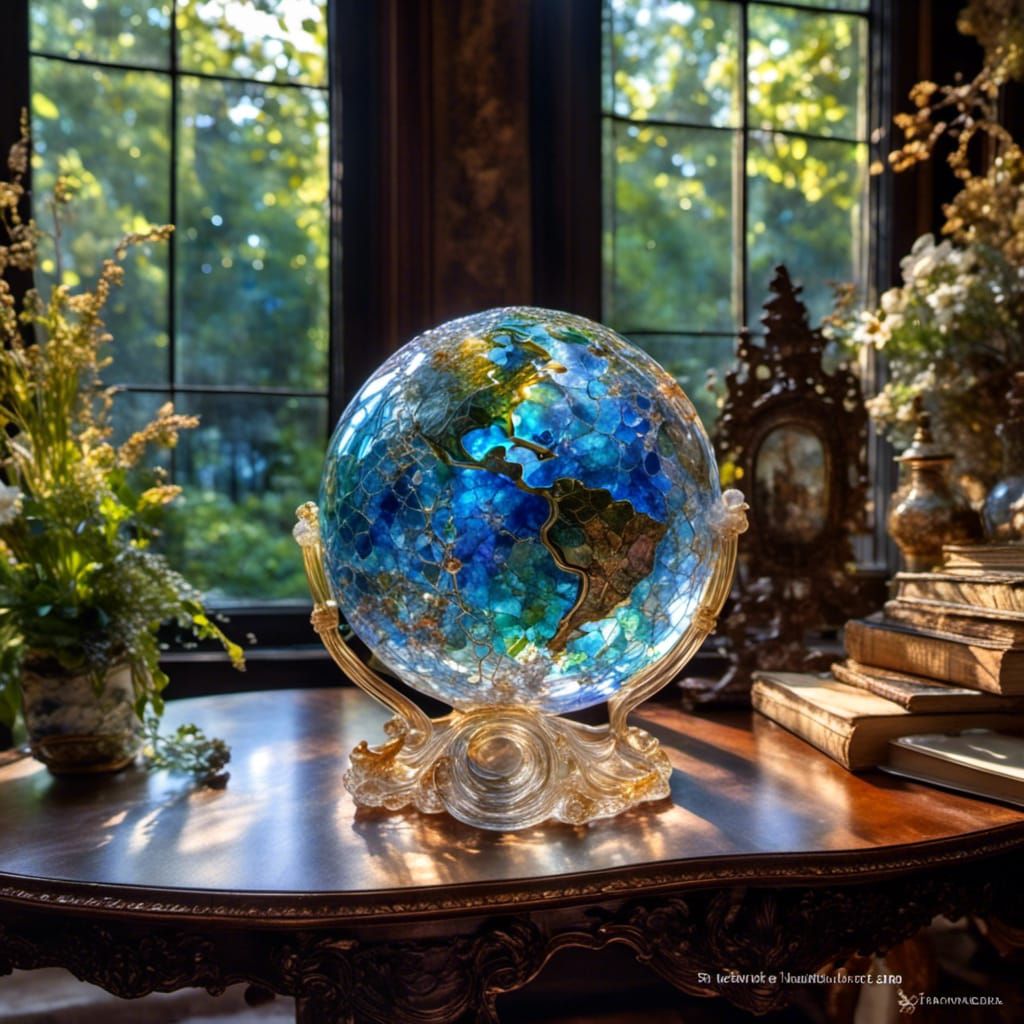 Crystal Globe Earth Sculpture in Glass Art Style