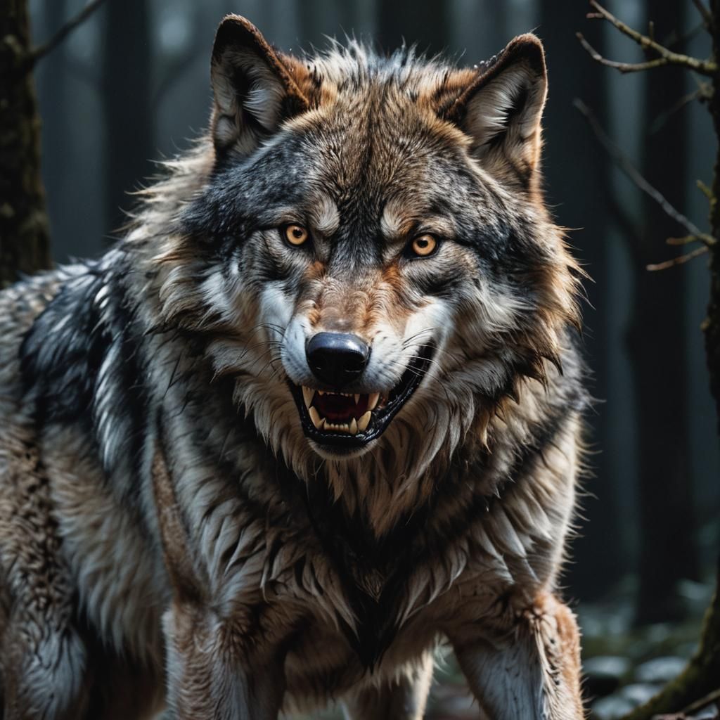Dramatic Wolf Portrait in Dark Fantasy Style