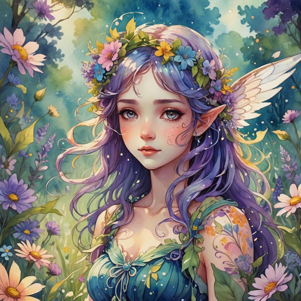 Summer Fae in Lush Meadow, Anime Style