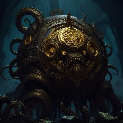 Xanathar: One-Eyed Kraken Amidst Treasure, Oil Painting