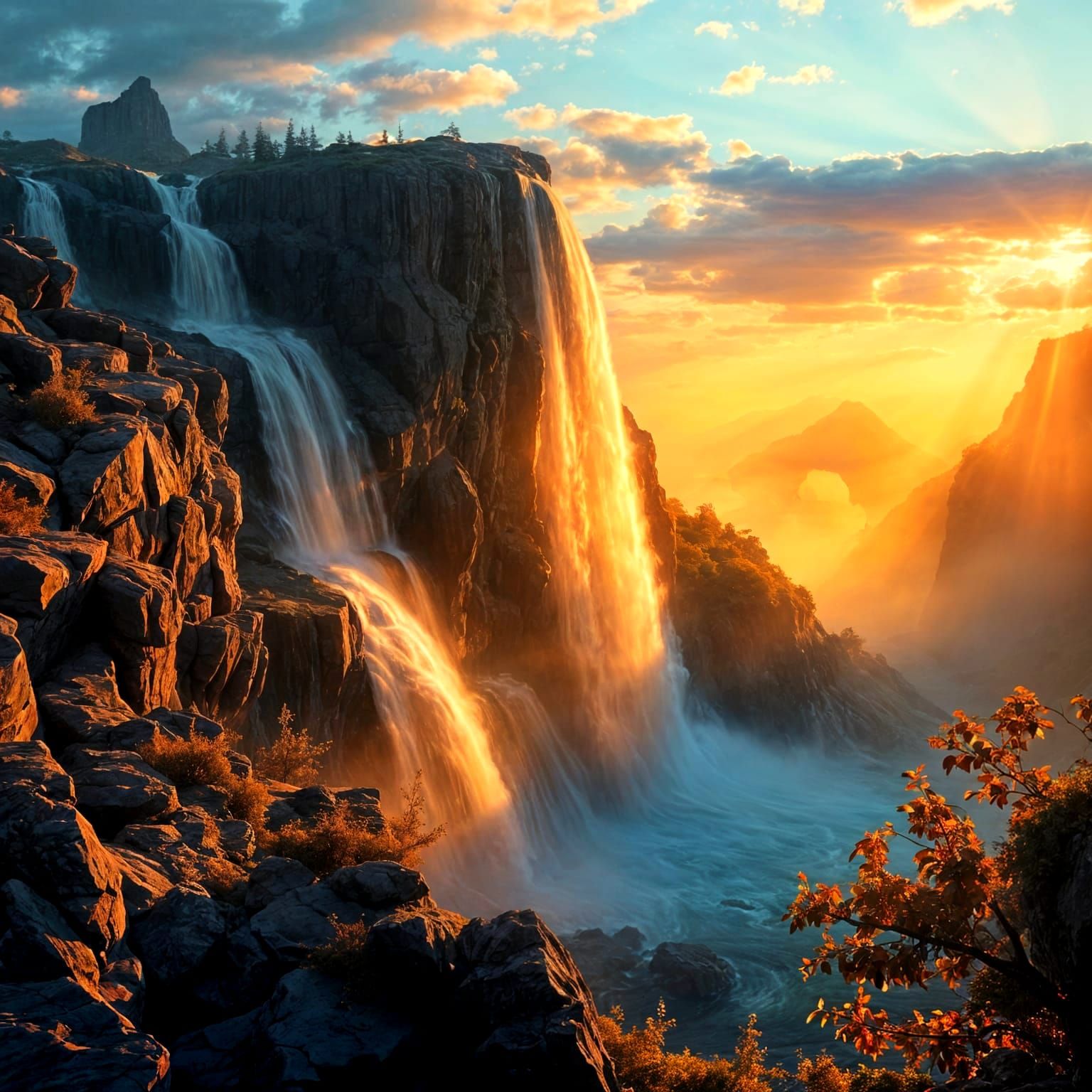 Sunset Waterfall Matte Painting with Intense Colors