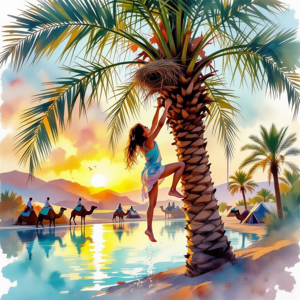 Girl Climbing Date Palm at Sunrise Oasis