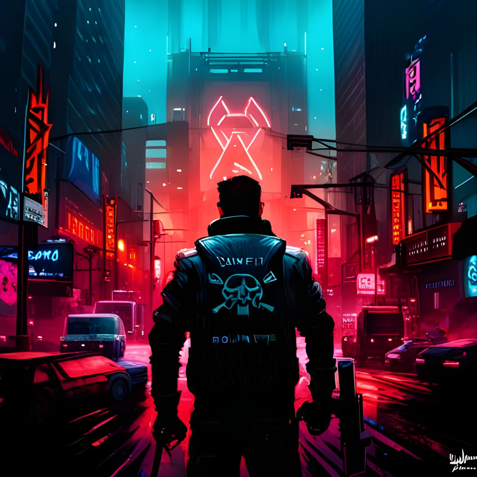Cyberpunk Bounty Hunter in Neon Cityscape