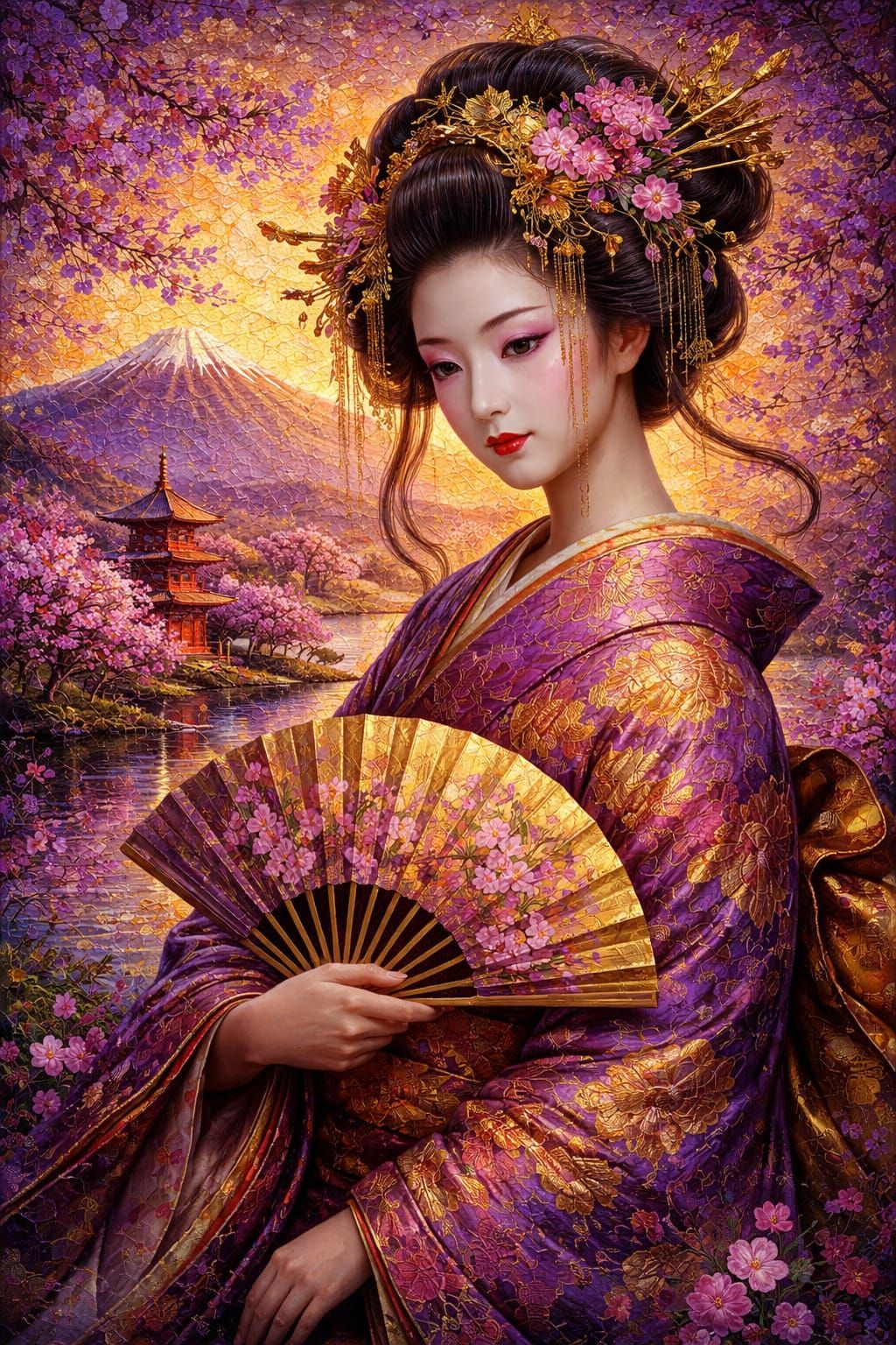 Cracked Oil Painting of a Geisha in a Purple Japanese Landsc...