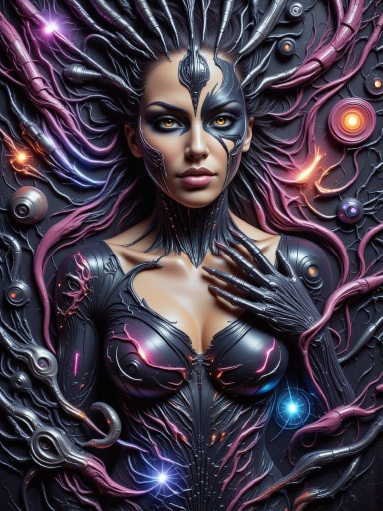 Cyberpunk Goddess with Cat in a Futuristic Galaxy