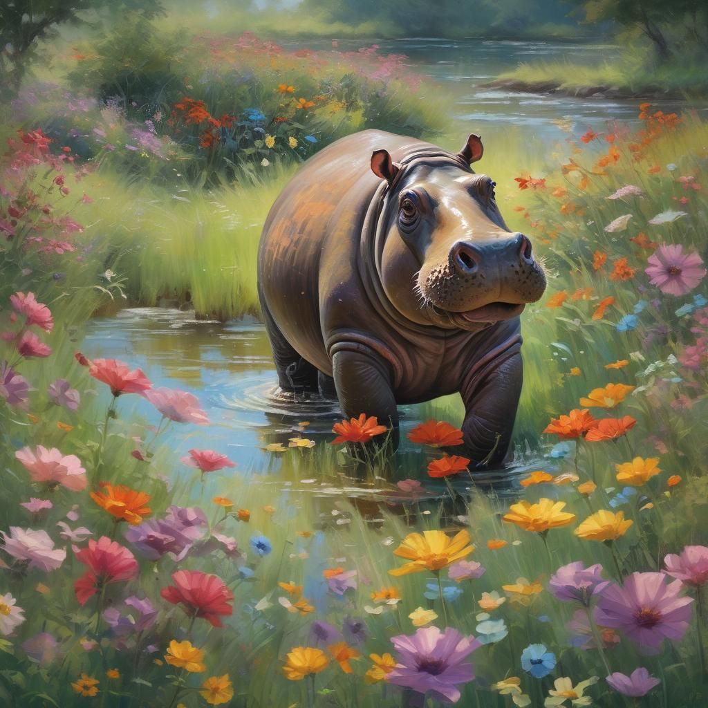 Happy Hippo in Meadow, Impressionist Oil Painting