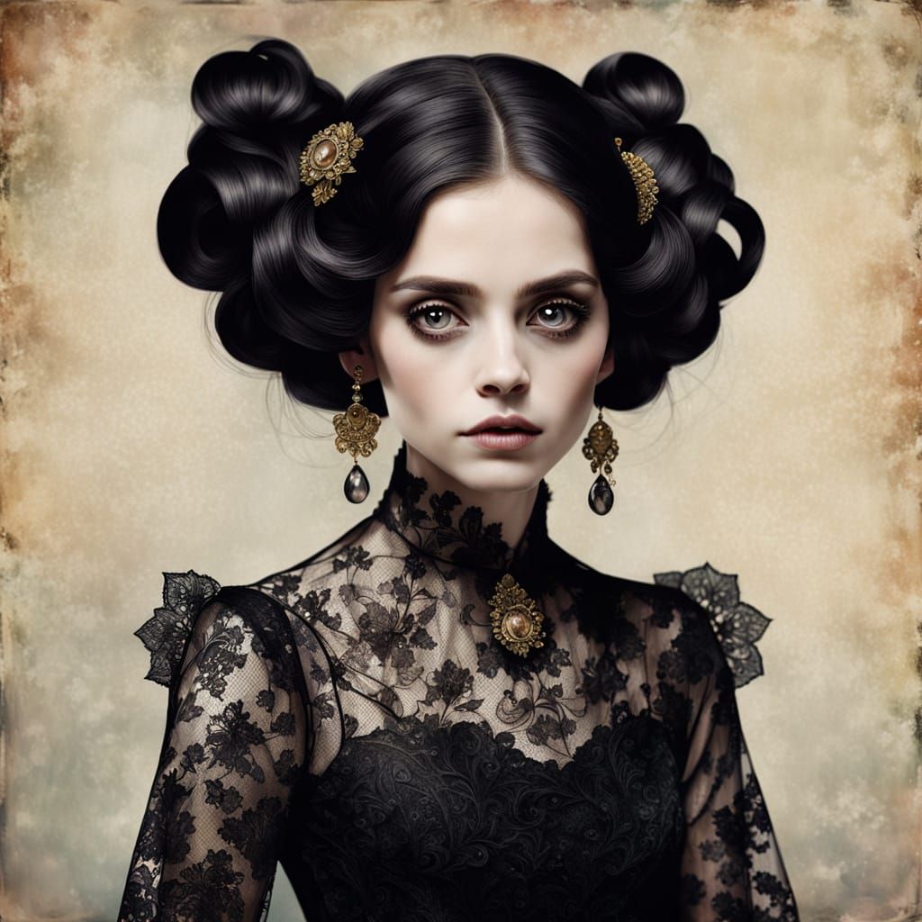 Ethereal Woman with Elongated Neck and Lace Gown