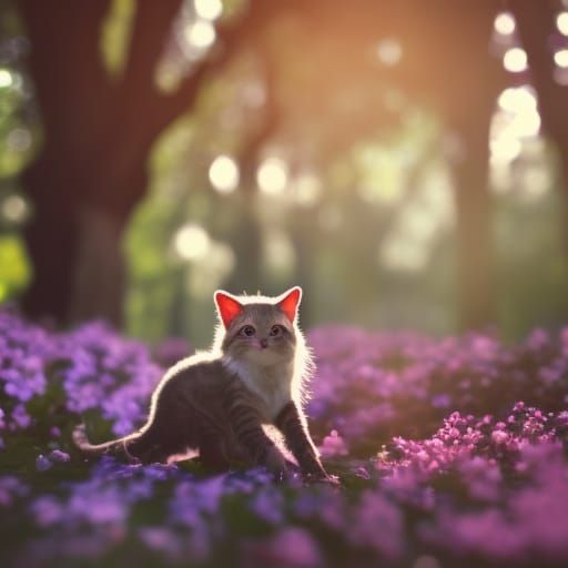 High Detail Kitten in Magical Flower Meadow