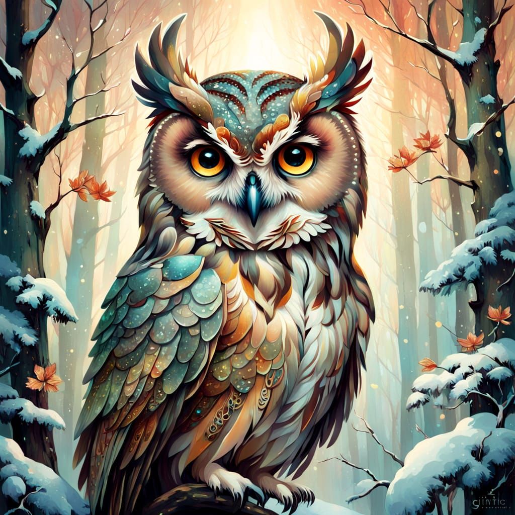 Elegant Owl in Winter Woodland Scene