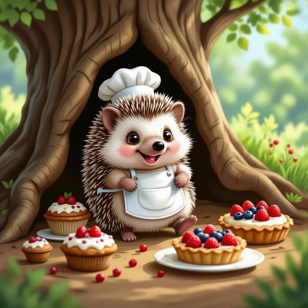 Charming Hedgehog Chef Decorates Acorn Cakes Under Tree Root