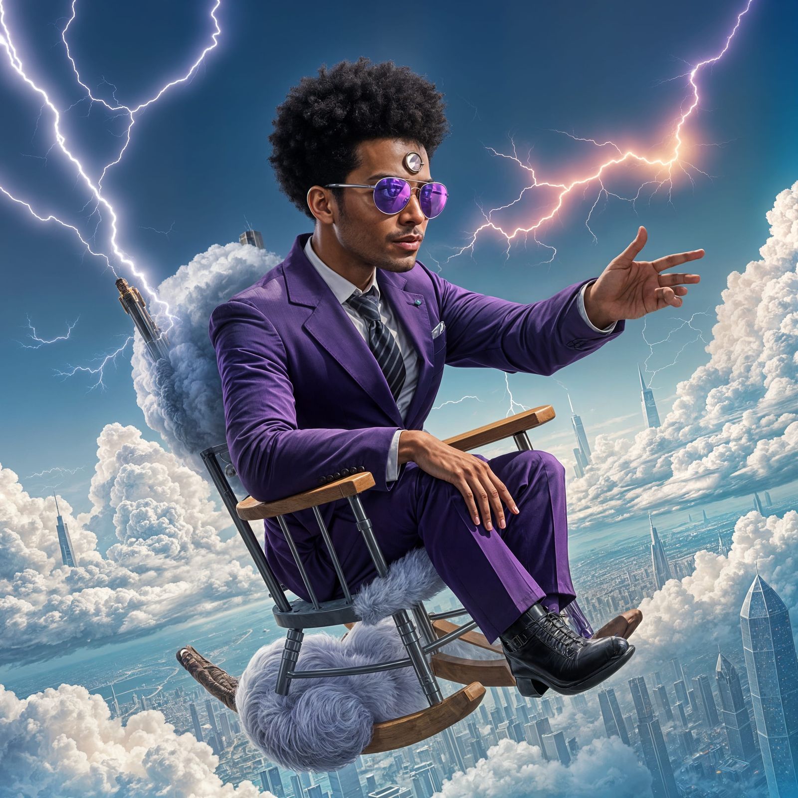 Man on Cloud Rocking Chair Throws Lightning