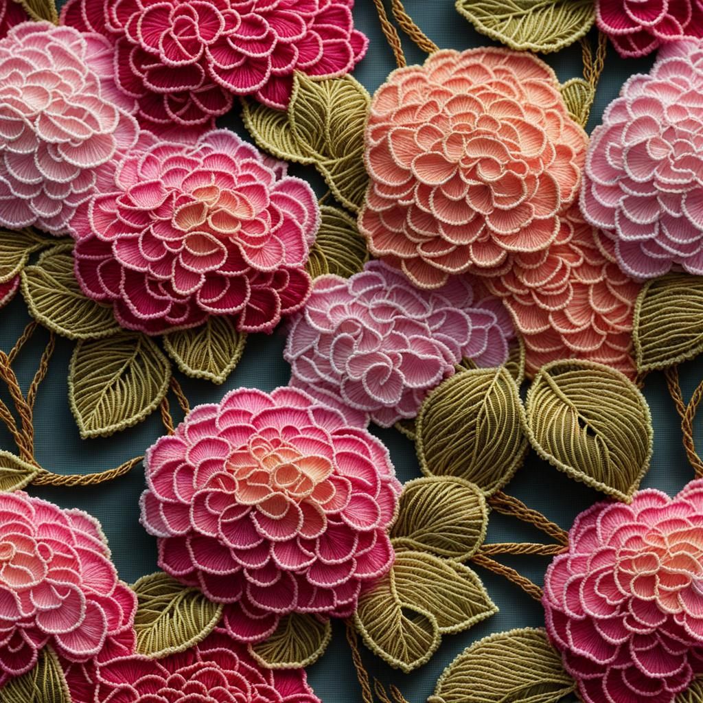 Pink Hydrangea in Volumetric Glittery Embroidery