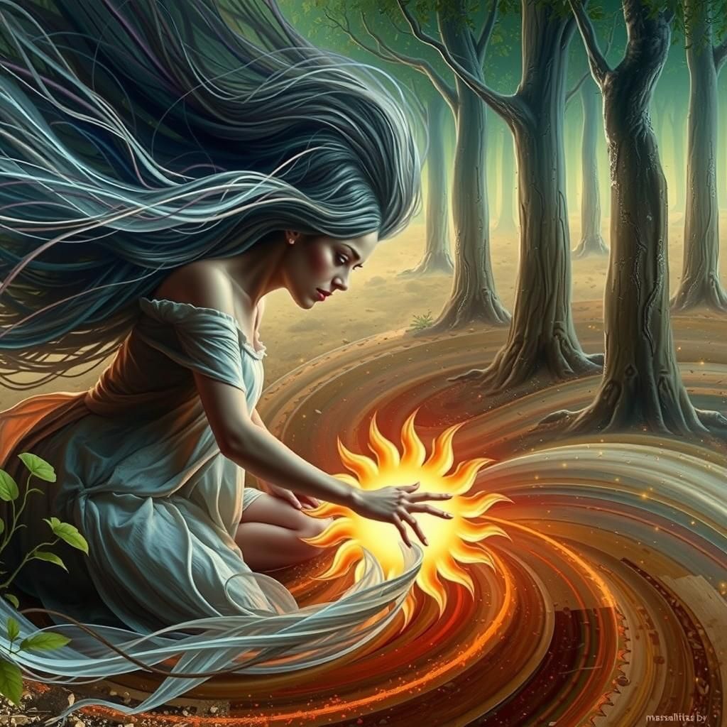 Woman Planting Sun in Warped Forest, Surreal Art