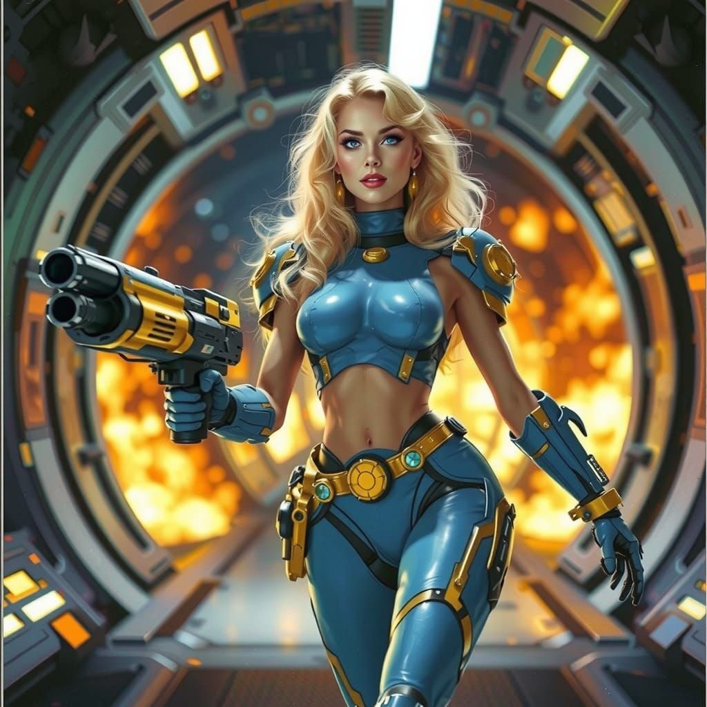 Blonde Woman in Power Armor with Blasters