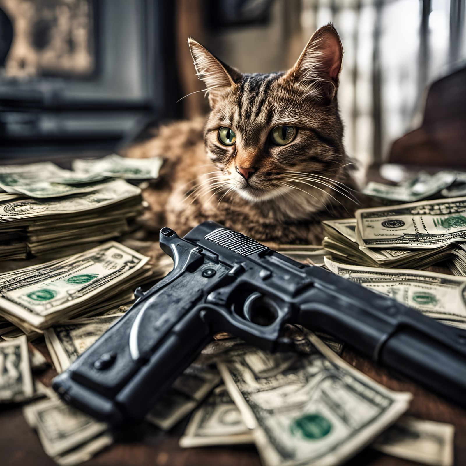 Hyperrealistic Cat with Gun and Money