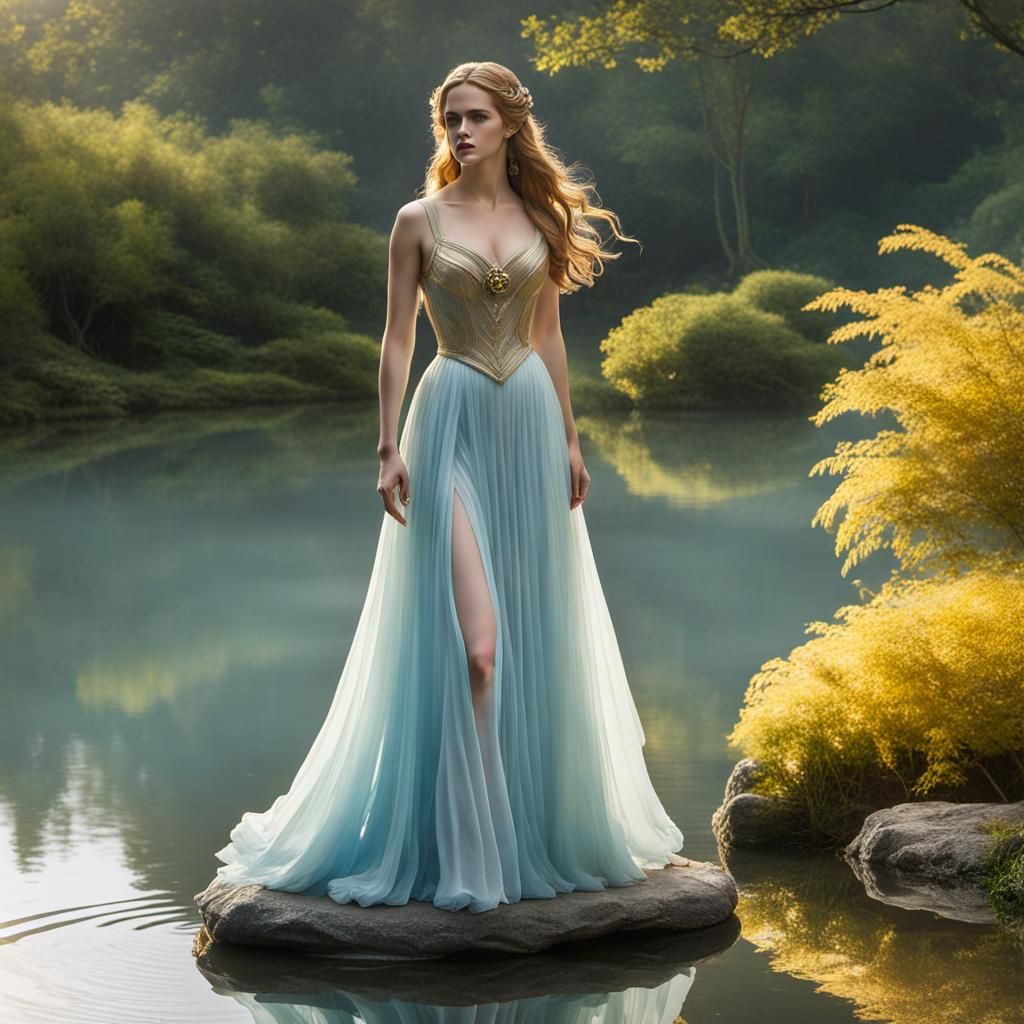 Glass Statue of Woman in Pond at Sunrise