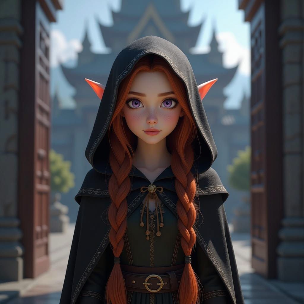Mystical Elf Maiden at Temple Gates in CGI Style