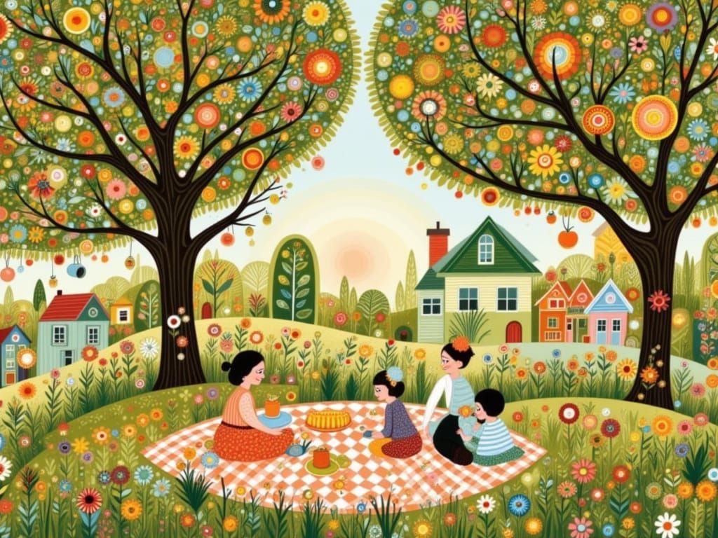 Children's Joy in Grandmother's Blossoming Orchard