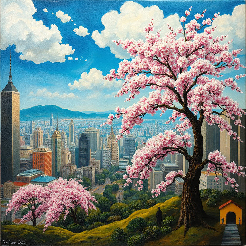 Surreal Cherry Blossom Grove in Cityscape: Dali Style