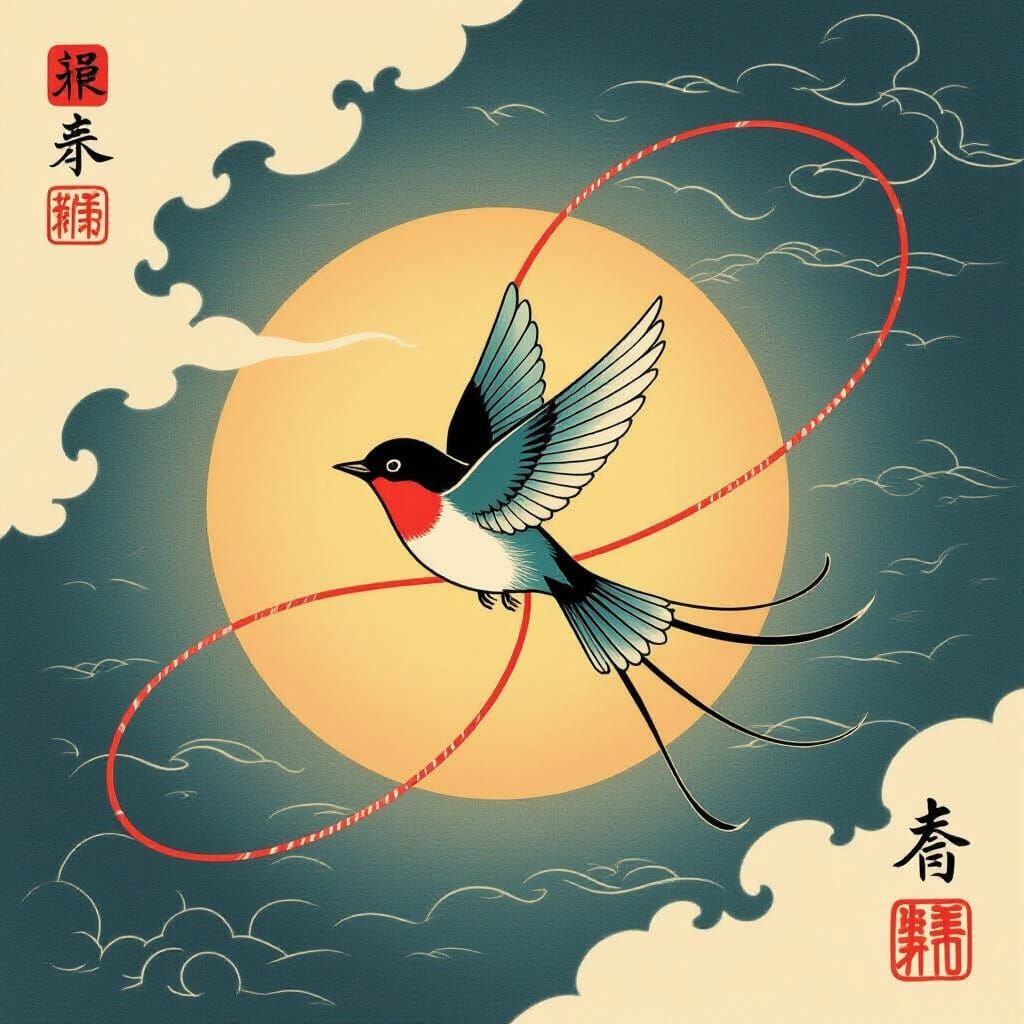 Bird Tattoo Design With Red String of Fate