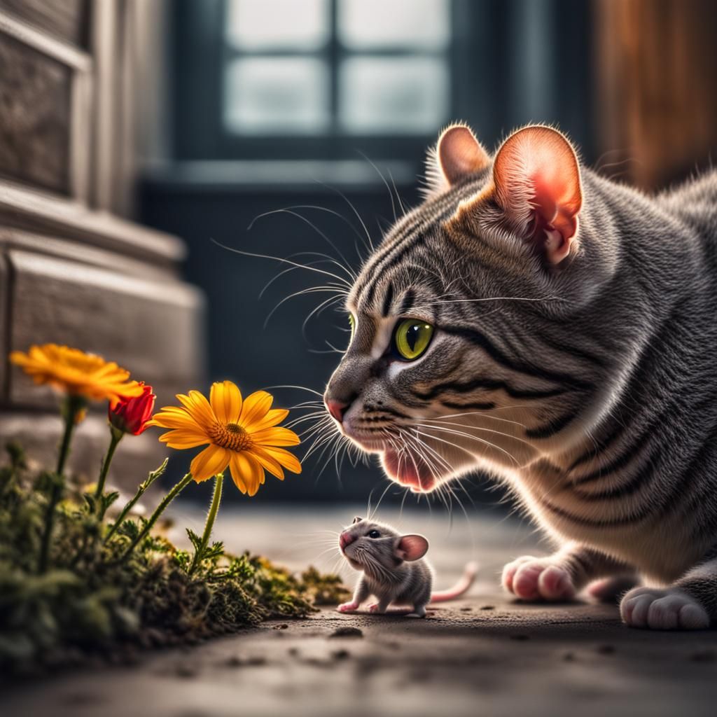 Mouse Gives Flower to Cat: Hyperrealistic 64MP Image