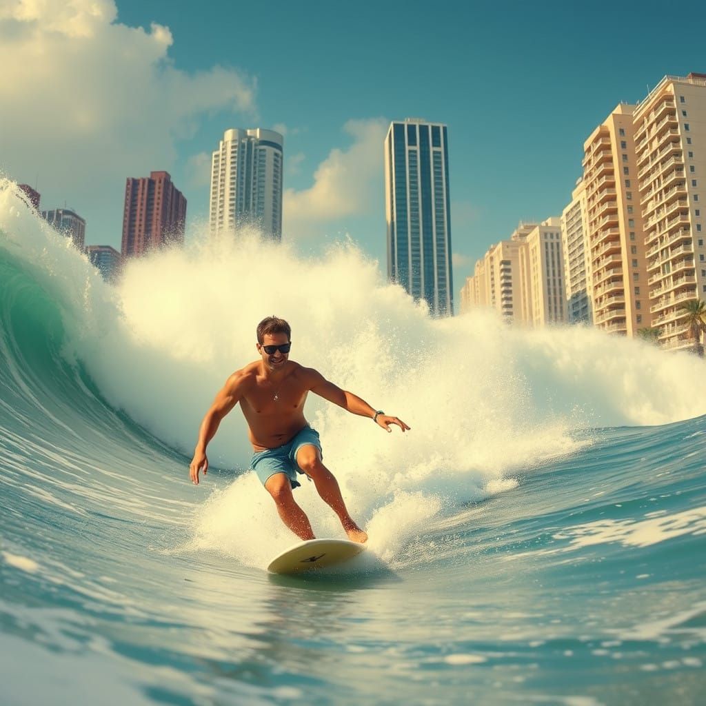 Surfer Riding Wave in Futuristic Flooded City