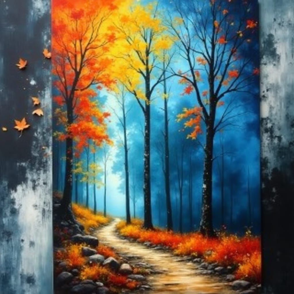 Vibrant Fall Forest Trail Painting with Volumetric Lighting