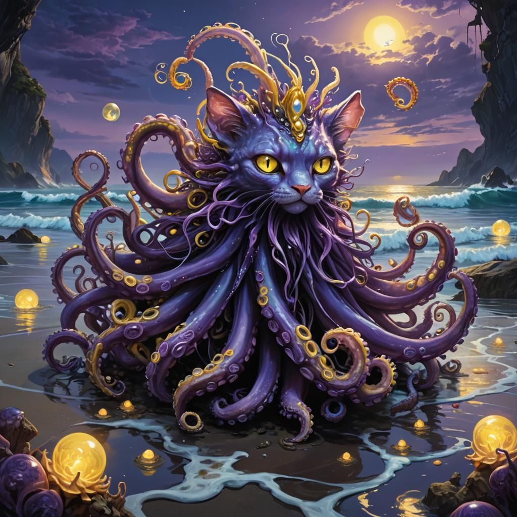 Majestic Fairy Cat Cephalopod in Dark Fantasy Style