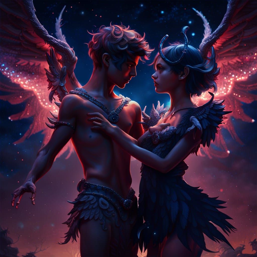 Demonic Boy and Angel Girl Dancing Under Stars