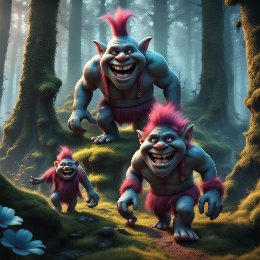 Happy Trolls in Forest: Detailed Matte Painting