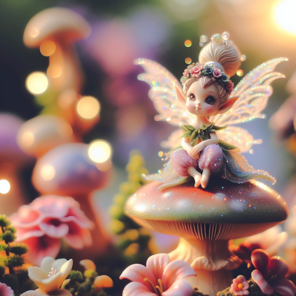 Disney Pixar style 3D stunningly beautiful enchanted sparkly nymph, tiny little nymph in pastel colors, sitting on a toa...