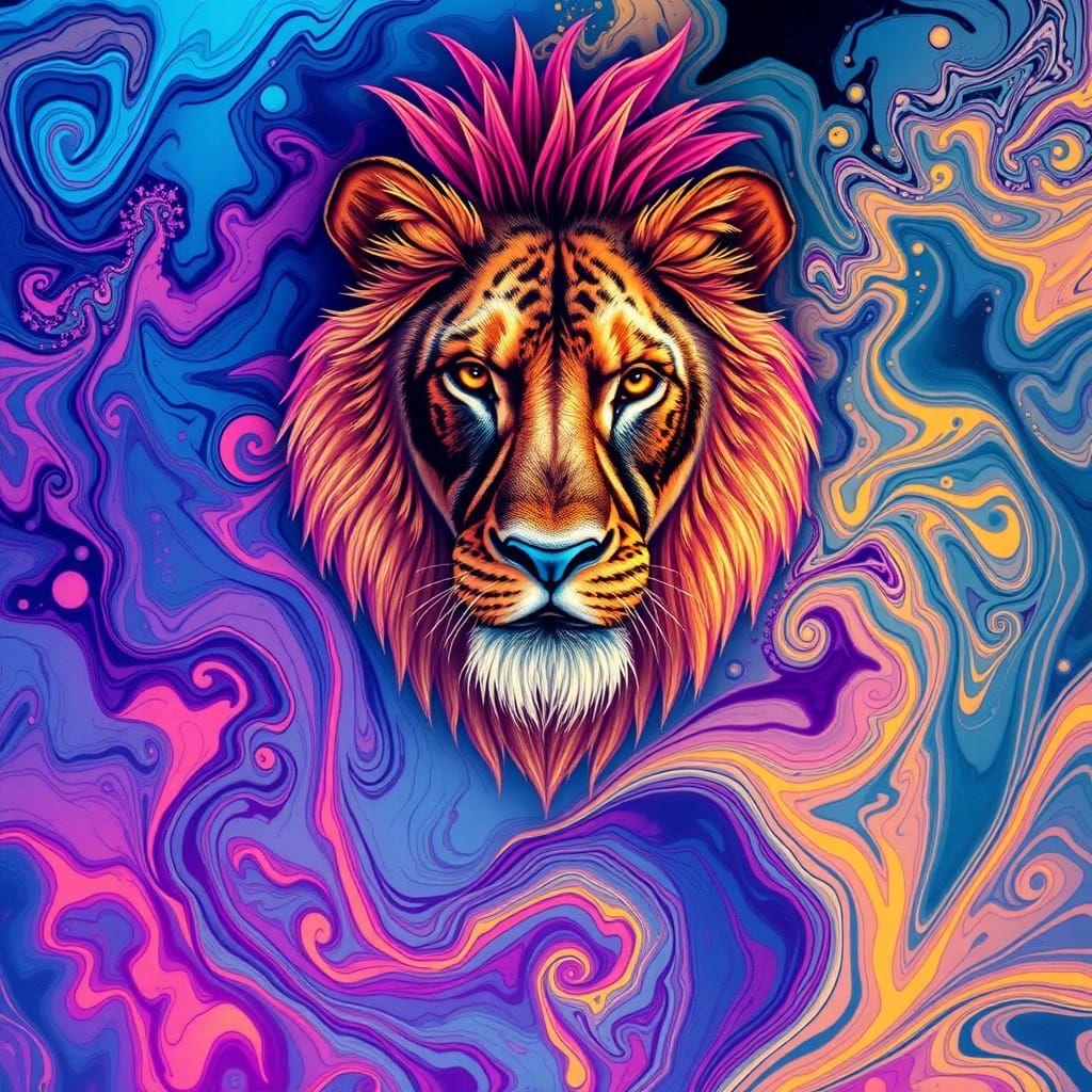 Surreal Lionpunk in Alcohol Ink Lake