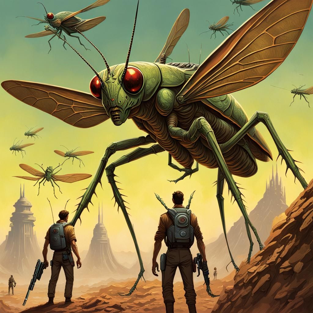 Giant Alien Grasshopper in Science Fiction Book Cover
