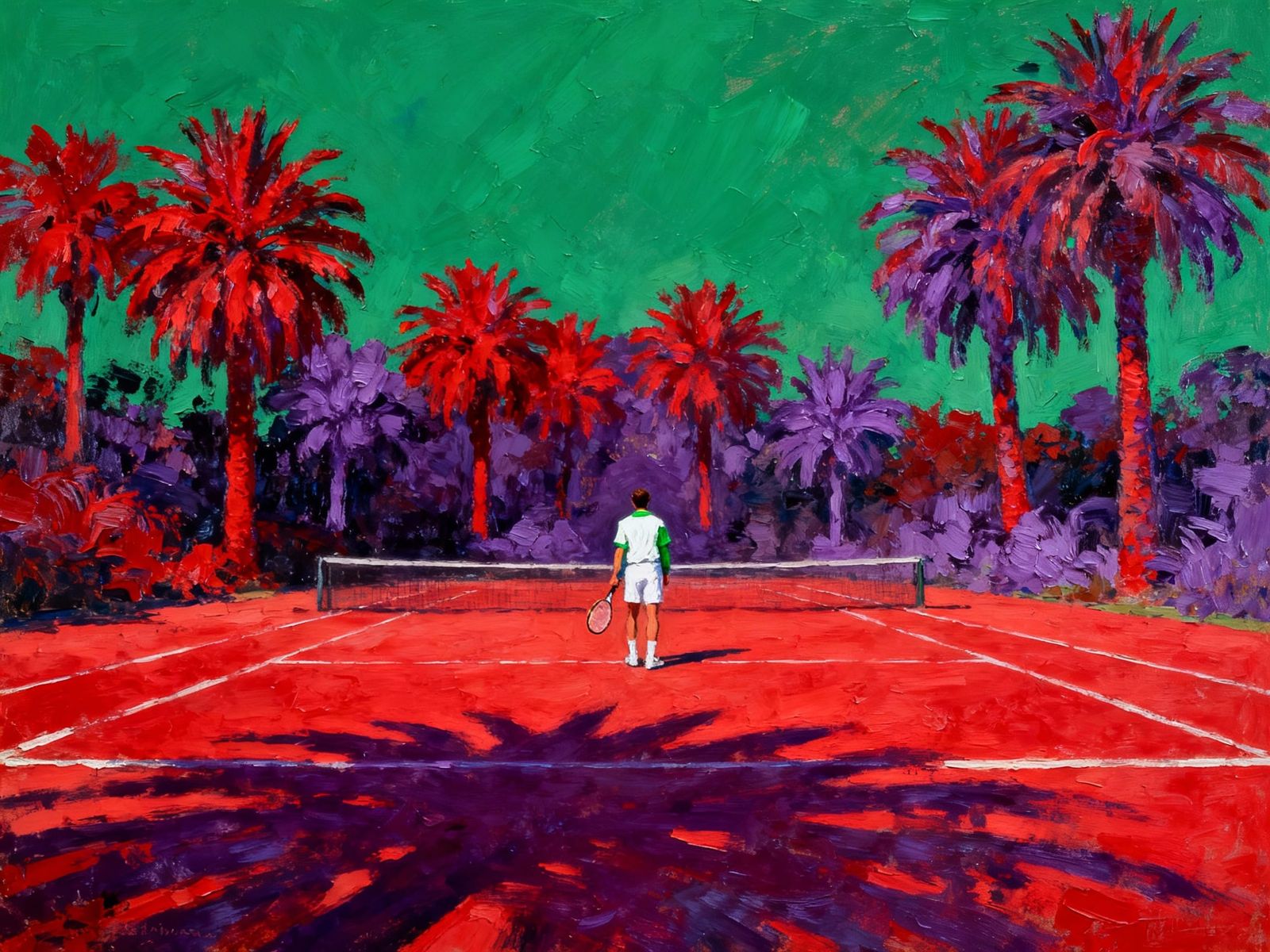 Lone Tennis Player on Red Court in Surreal Palm Grove