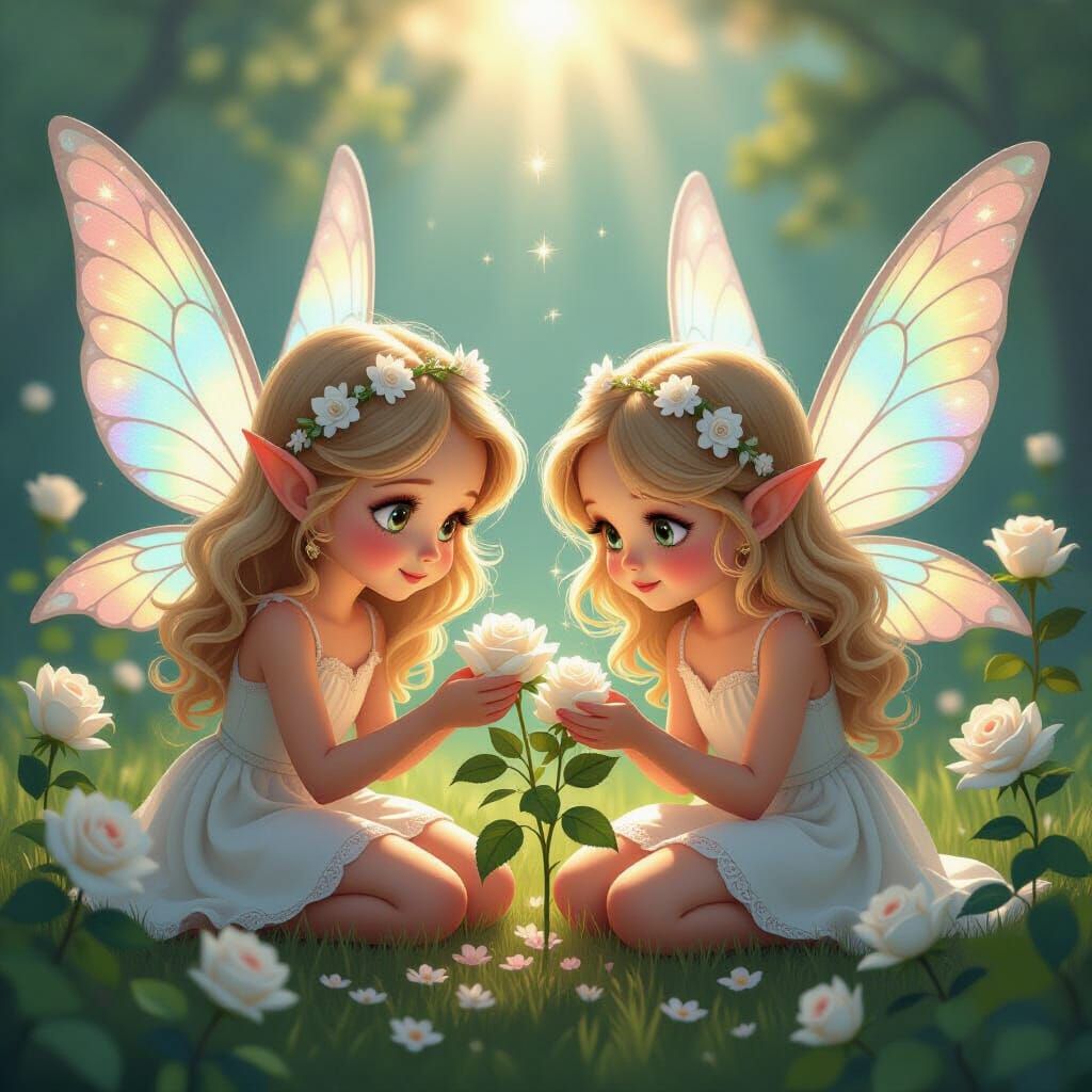 Fairies Watering Roses in Ethereal Sunshine