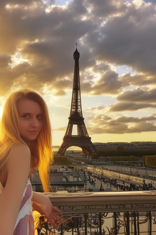 The Eiffel tower in Paris at sunset with a beautiful blonde teenage girl in high fashion