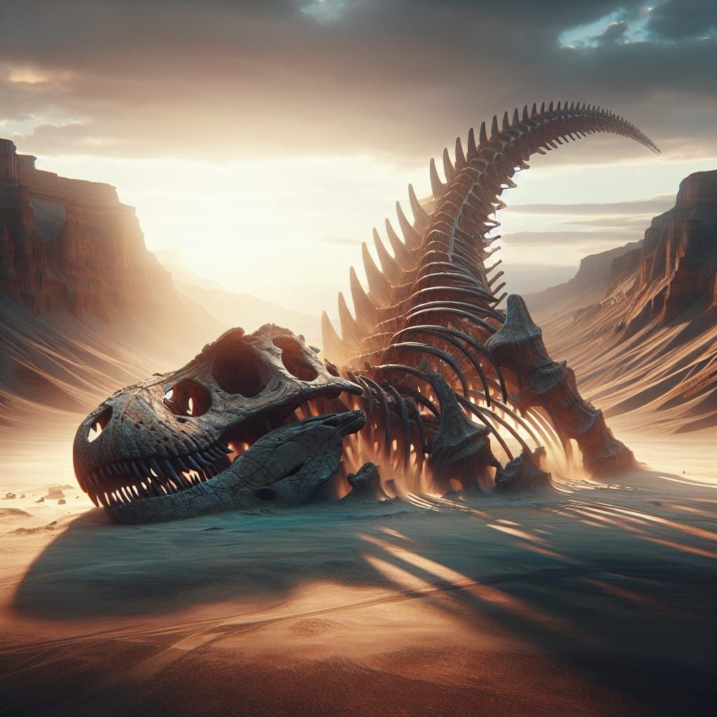 Dinosaur Fossil in Desert Landscape: 19th Century Realism