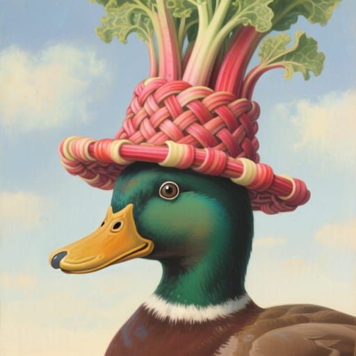 Surreal Duck With Rhubarb Hat in Magritte Style