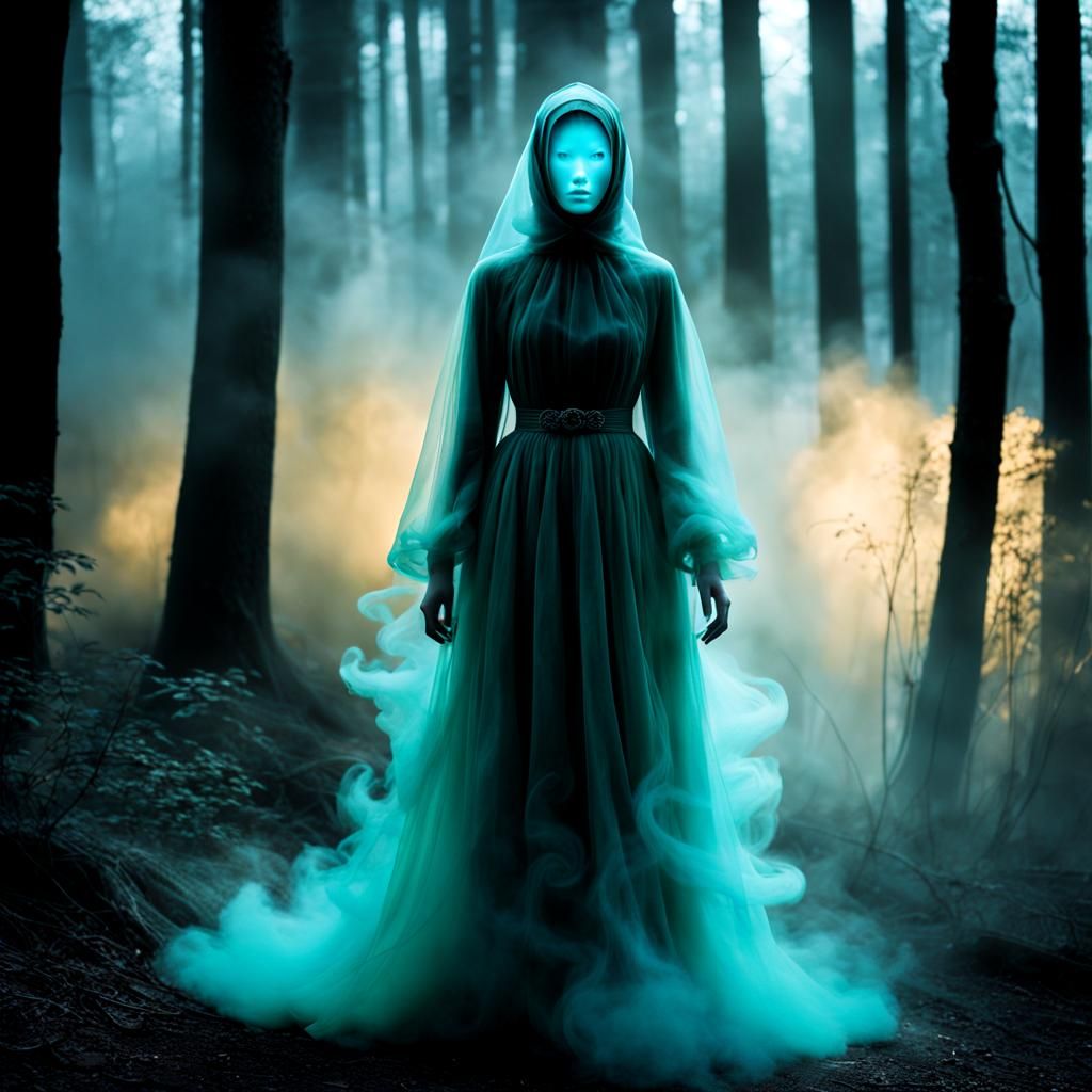 Eerie Ghostly Apparition in Dark Fantasy Forest