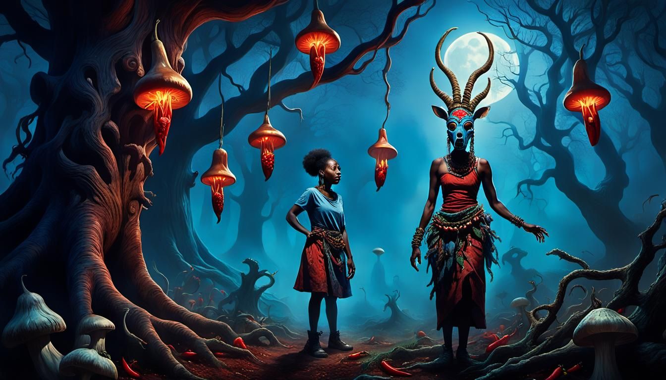 Surreal Antelope Woman Confronts Zombie Tuba Player