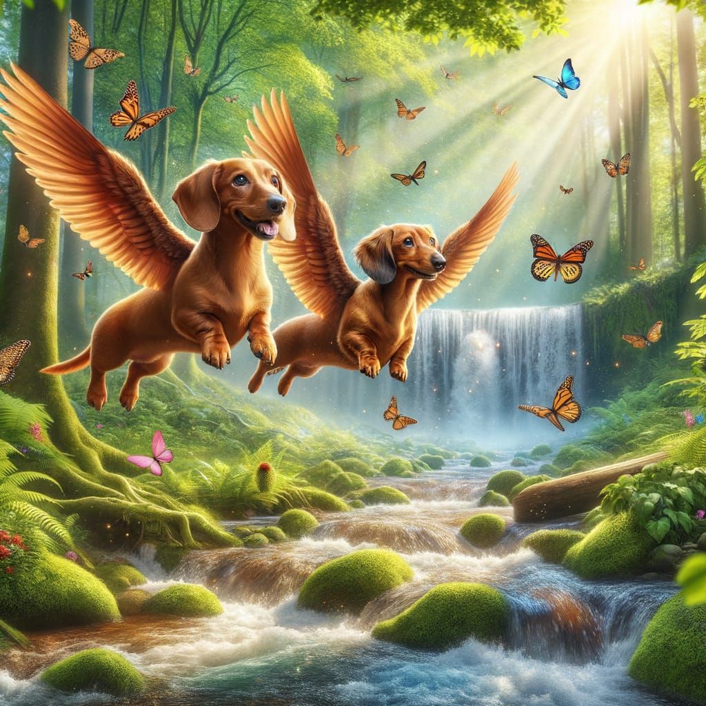 Flying Dachshunds Soaring Over Forest Stream