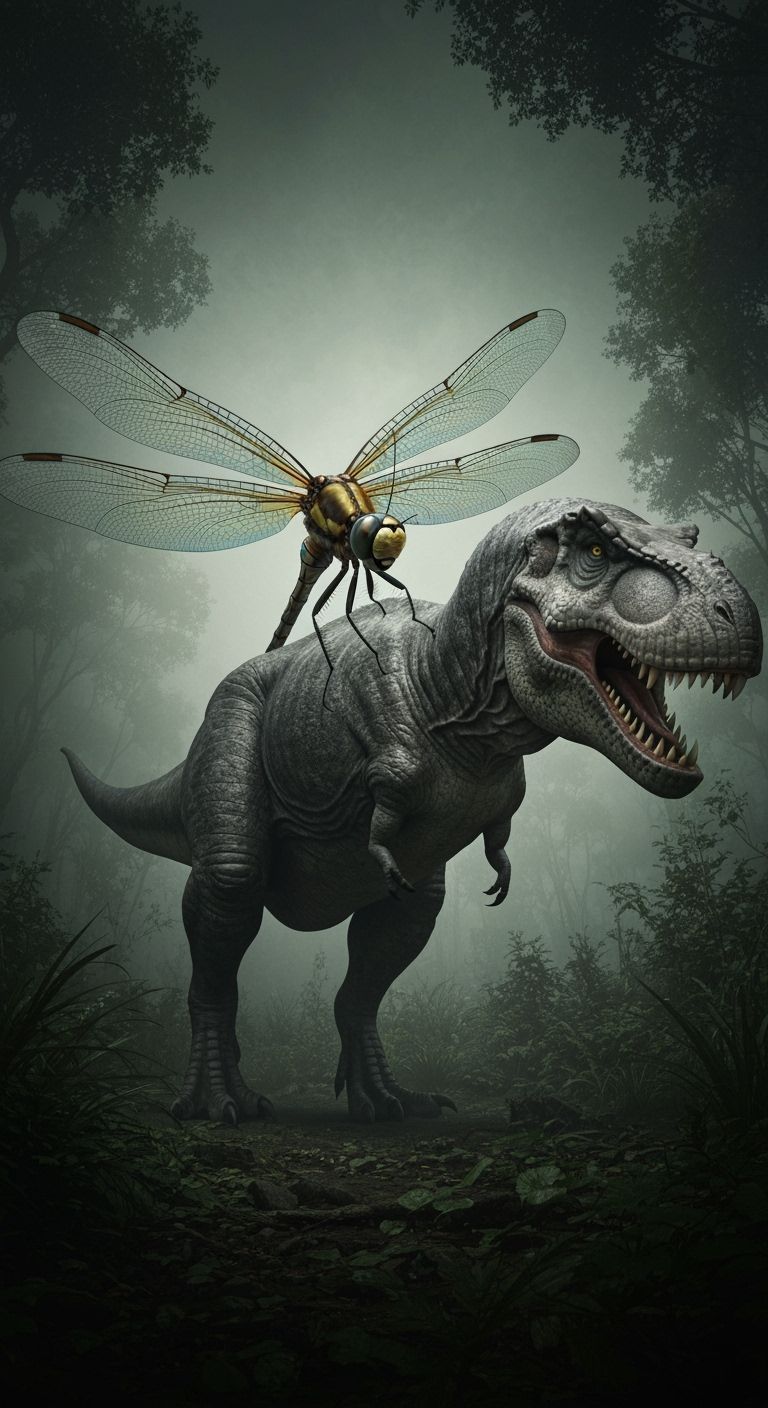 Jurassic Dragonfly Lands on T-Rex: Prehistoric Scene