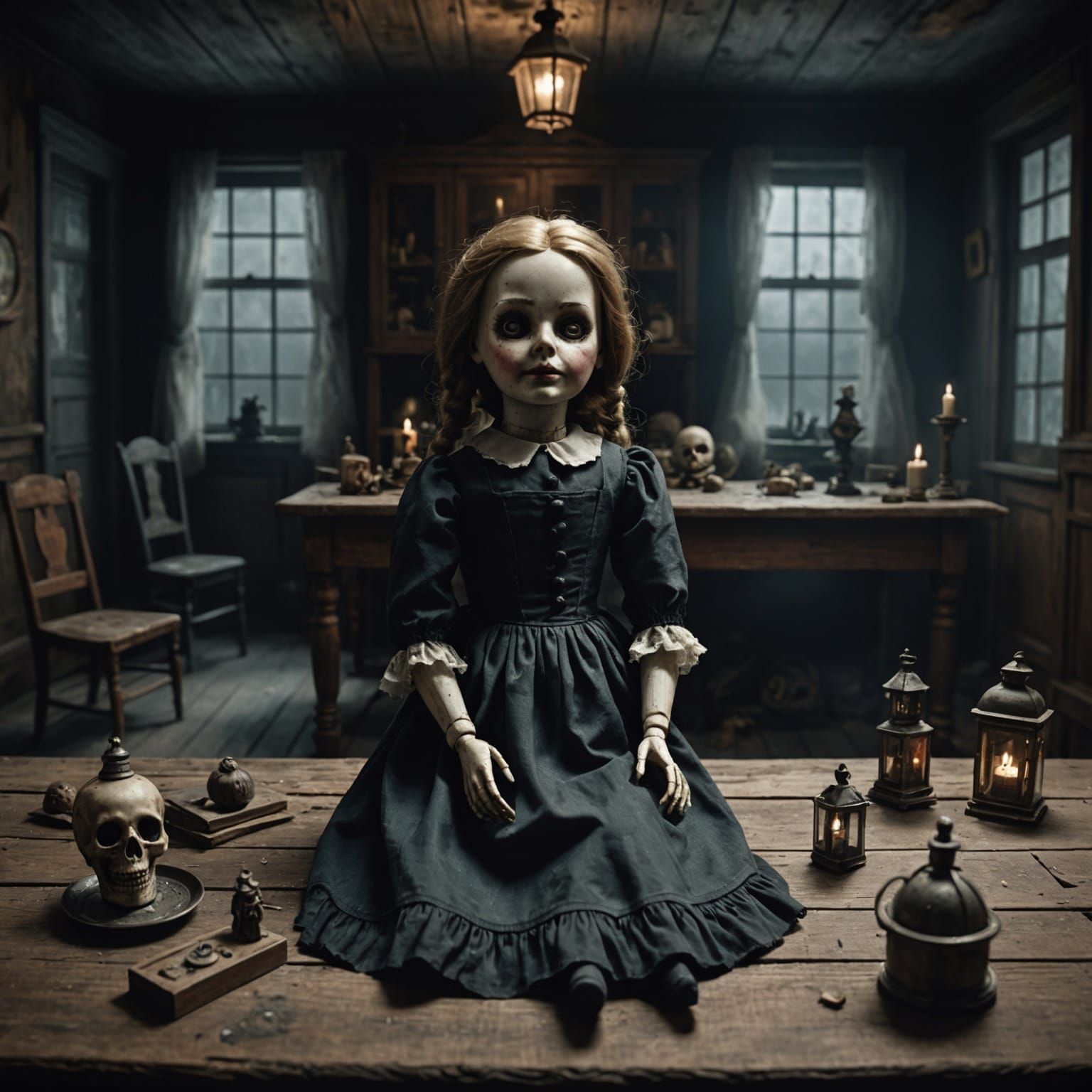 Haunted Doll in a Creepy House Interior