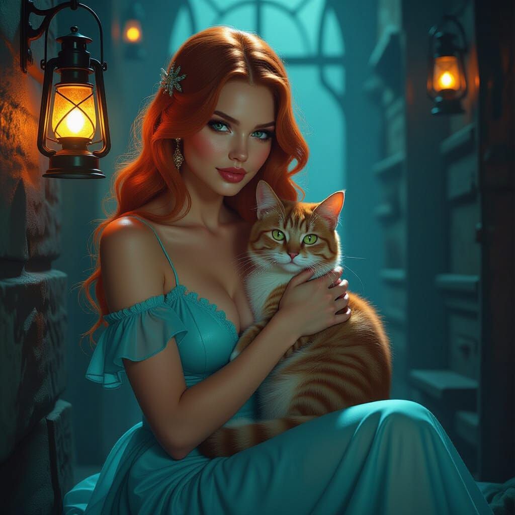 Ginger Woman with Cat in Dark Fantasy Style