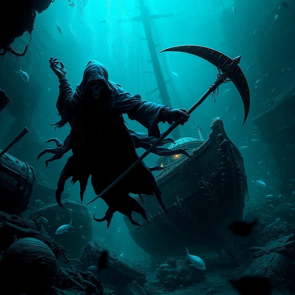 Grim Reaper exploring an underwater shipwreck