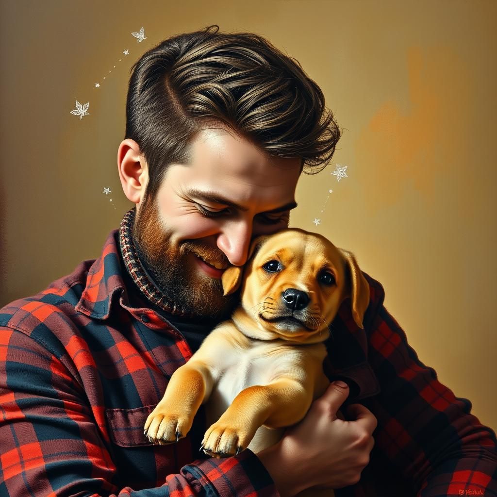 Bearded Man and Puppy in Expressionist Oil Painting Style