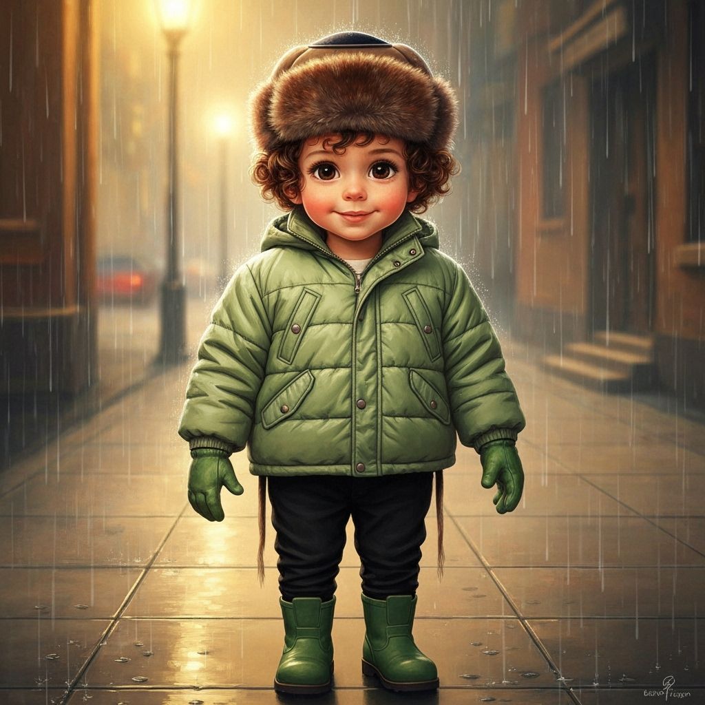 Young Jewish Boy in Green Jacket on Rainy Sidewalk
